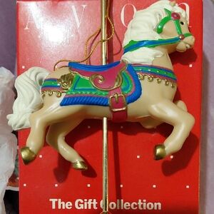 Avon Festive Carousel Horse Ornament with Gold and Green Accents